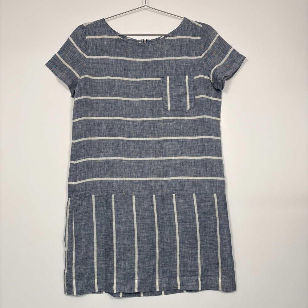 Lou & Grey Women Dress Petite M Blue Striped Linen Short Sleeve Drop Waist Shift